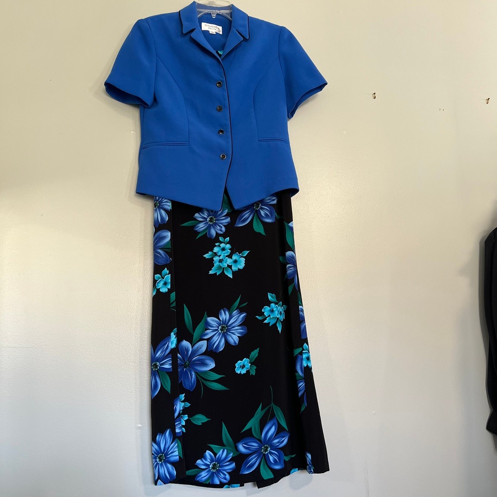 Studio I Blue Floral 2 Piece Dress Suit‎ set 8P y2k career wear 90s vintage